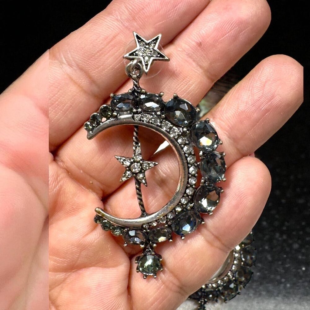 Celestial Moon & Star Dangle Earrings Rhinestone Silver-Tone Statement Jewelry - Picture 2 of 6